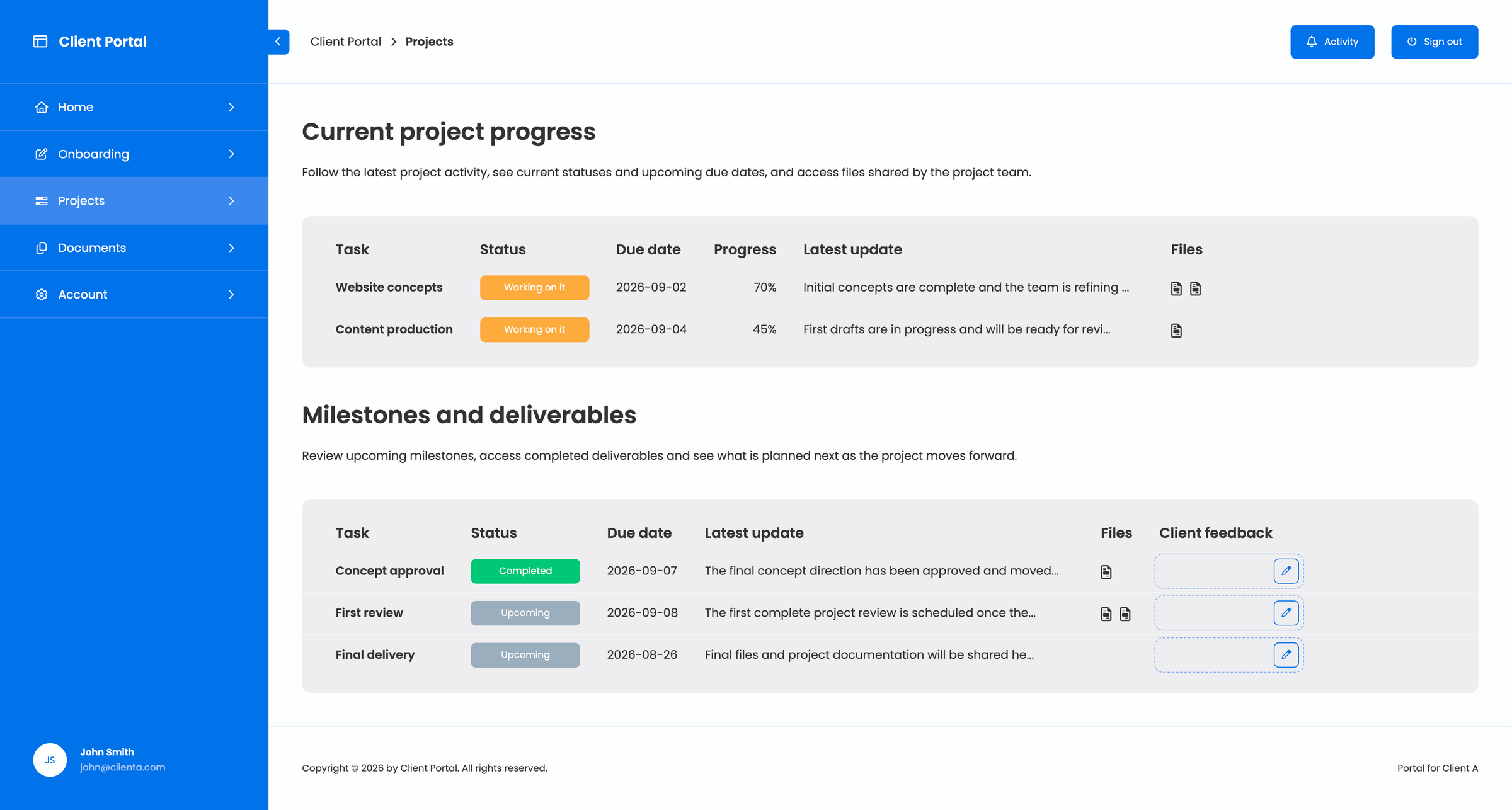 Client project portal showing current project progress, milestones, files, deliverables and client feedback