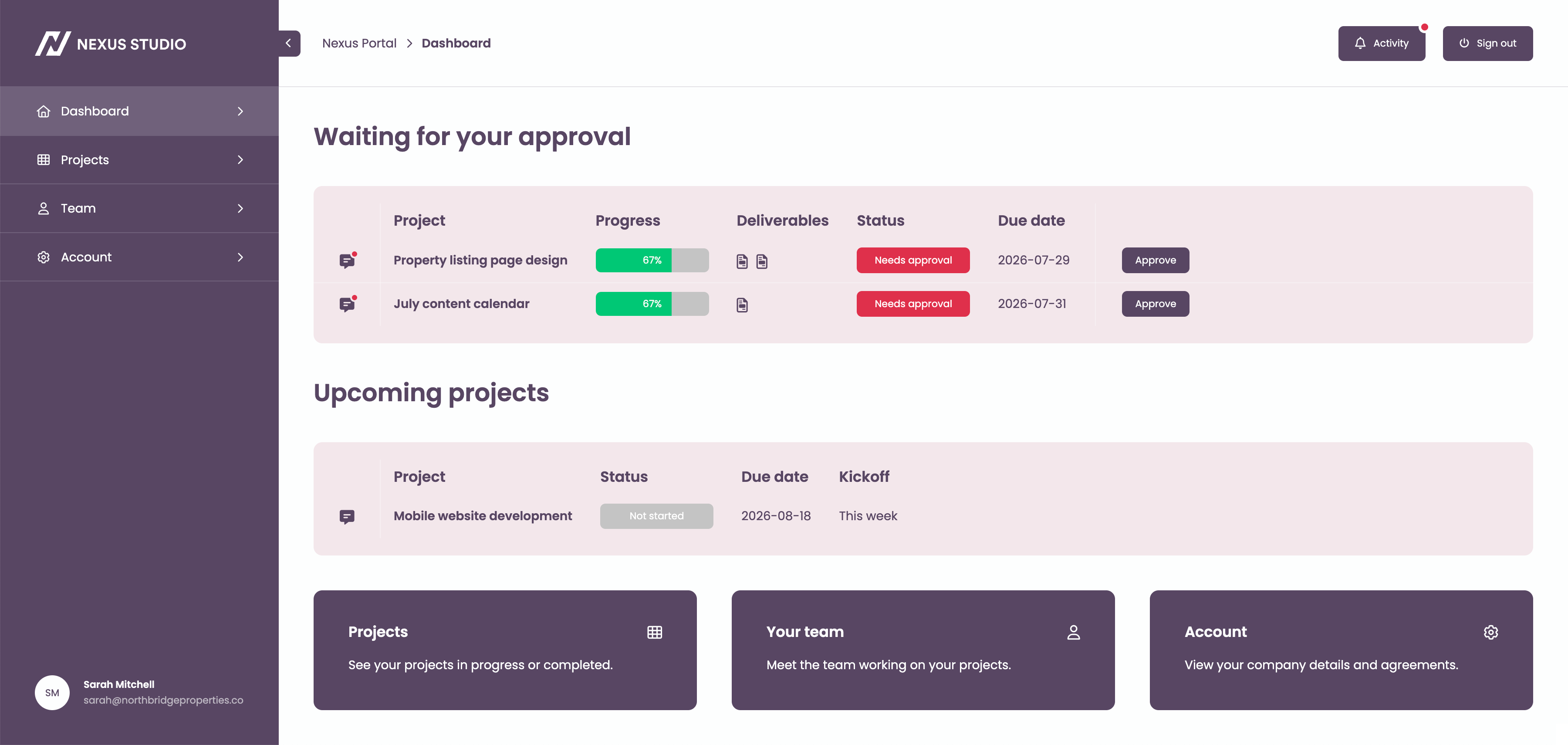 Agency client portal built with monday.com showing project approvals and upcoming projects