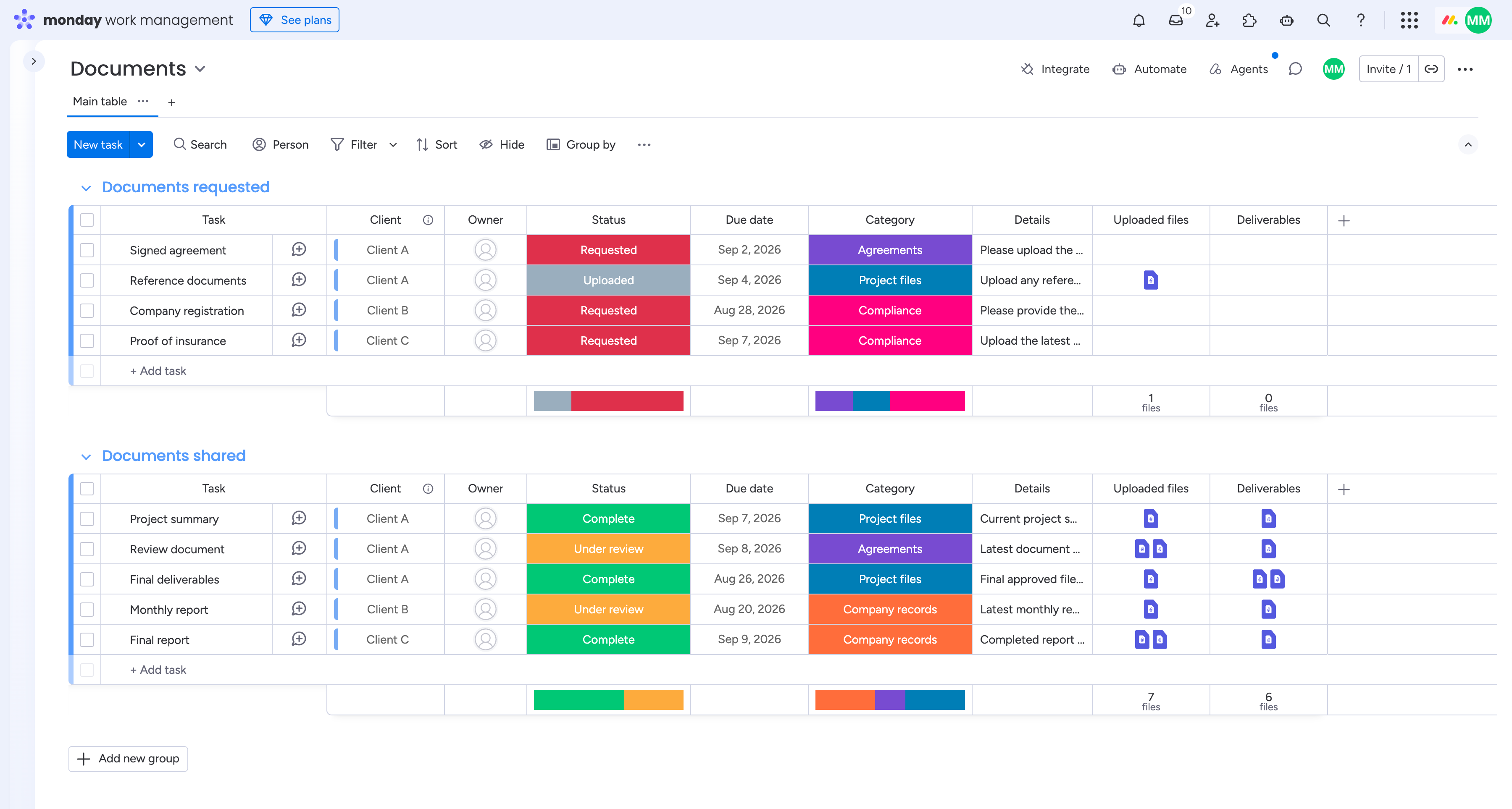 monday.com client documents board with document requests, statuses, due dates, client uploads and shared files