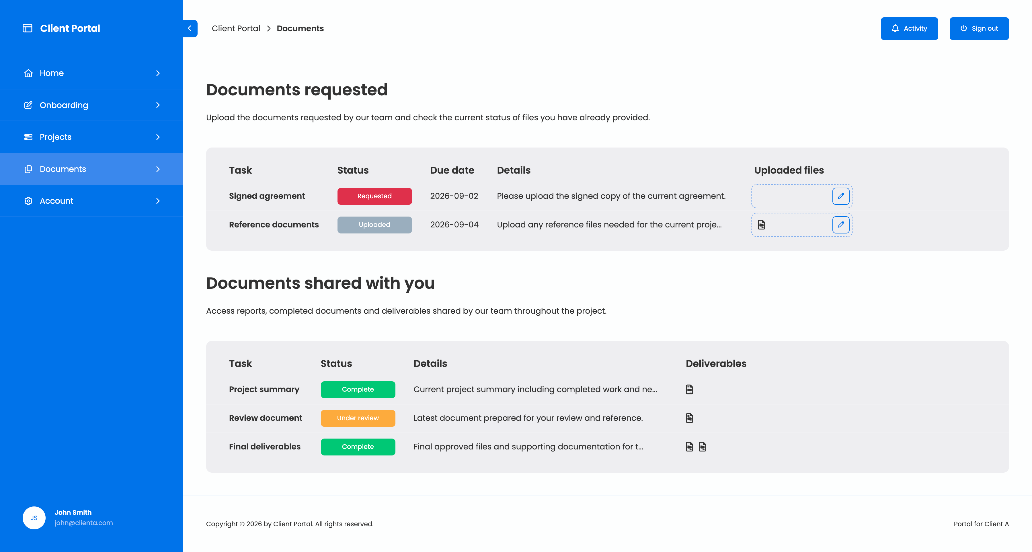 Client document portal showing requested documents, file uploads, shared reports and completed deliverables