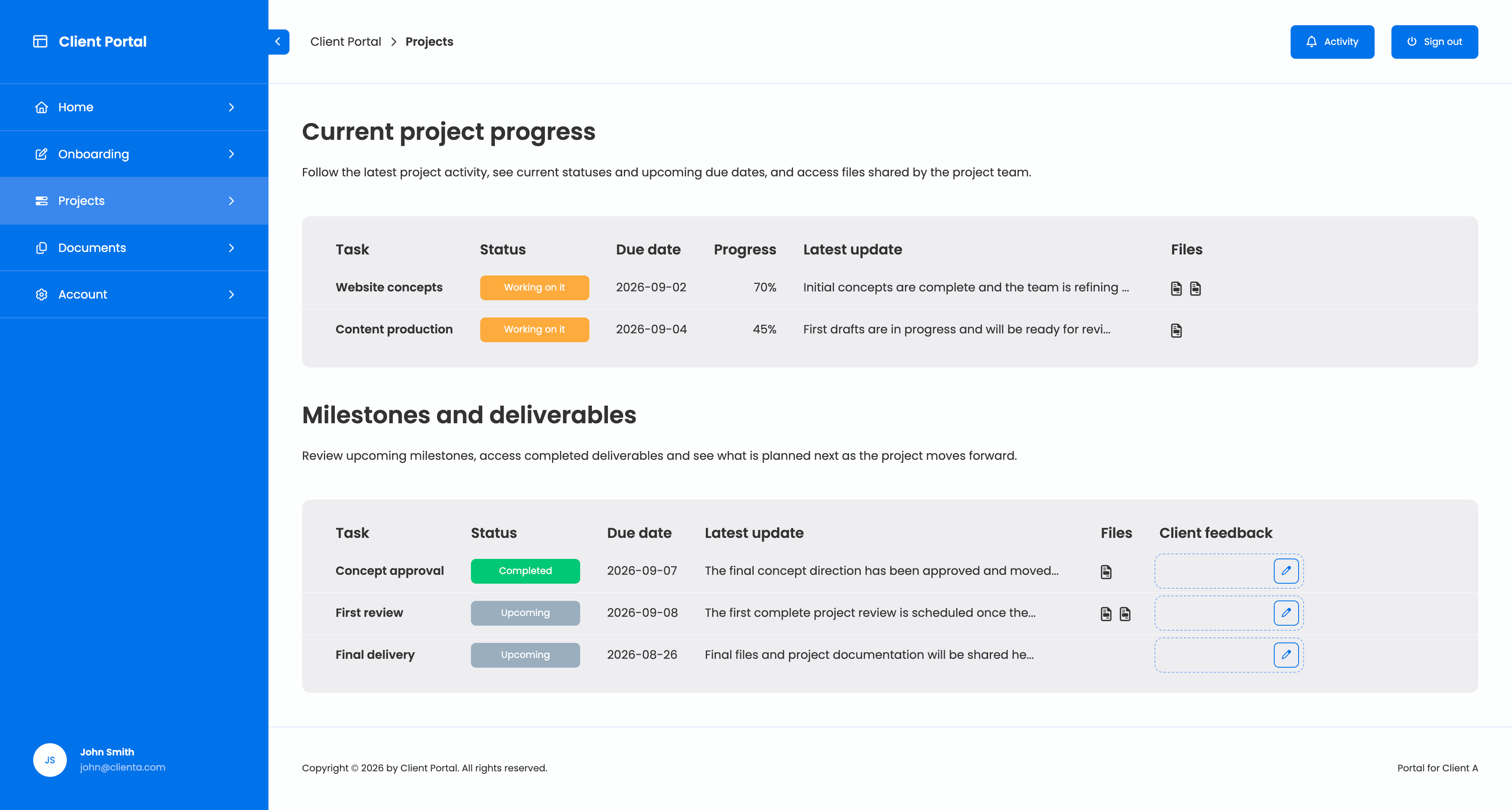 Client project portal showing current project progress, milestones, files, deliverables and client feedback